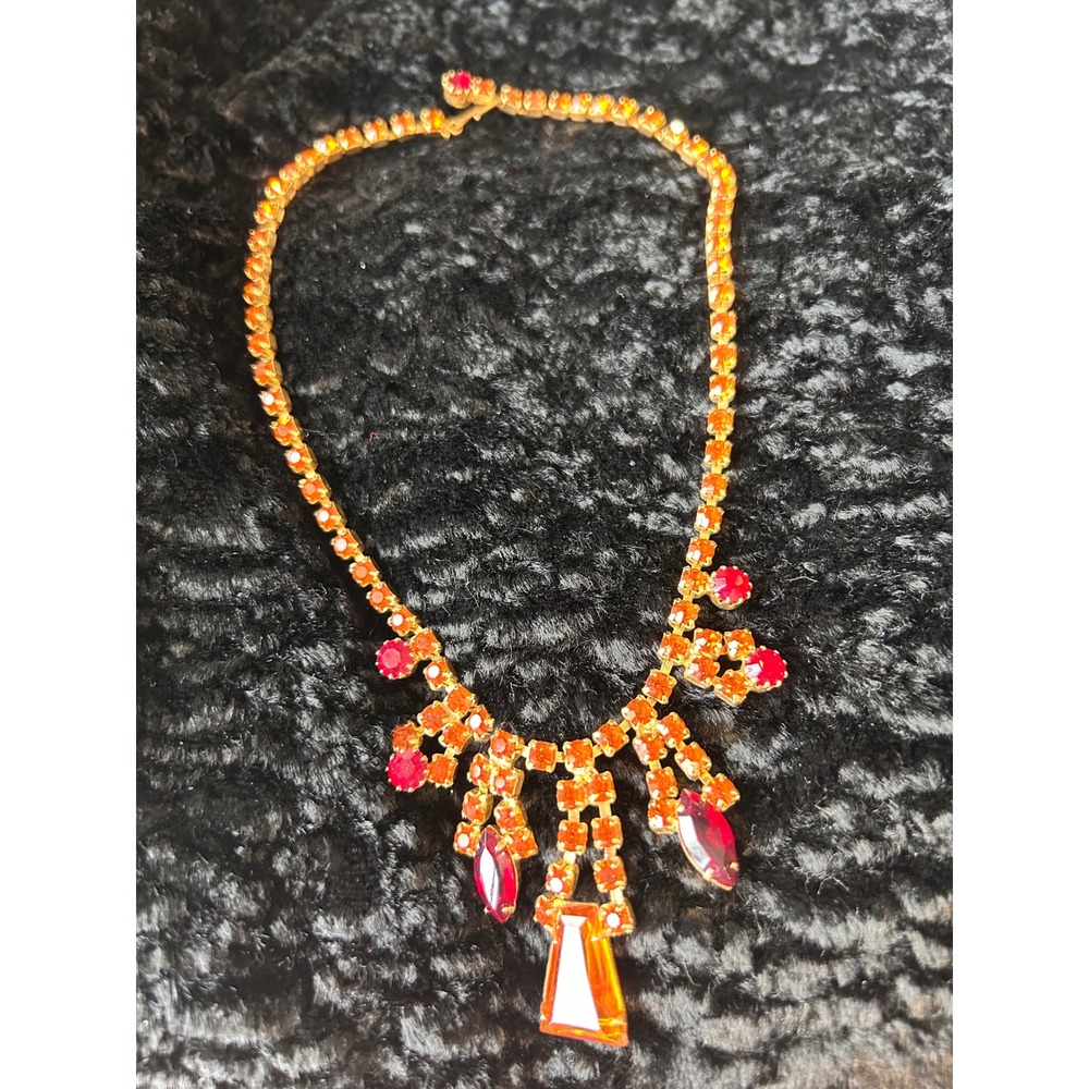Vintage Orange Red Rhinestone Statement Necklace Gold Tone Fringe J-Hook 15.5"